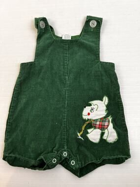 Vintage Christmas Shortalls John-Johns Romper Boy's 18 Mos. Green Corduroy Dog